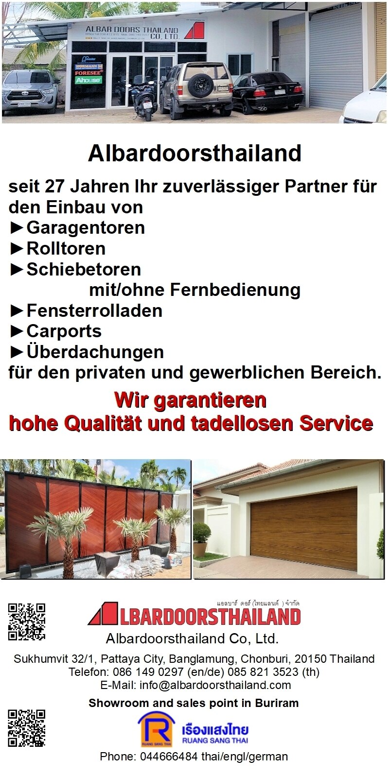 Albardoors thailand seit 1997 einbau von Garagentoren rolltoren schiebetoren fensterrolladen carports ueberdachungen garantierter tadelloser service v2