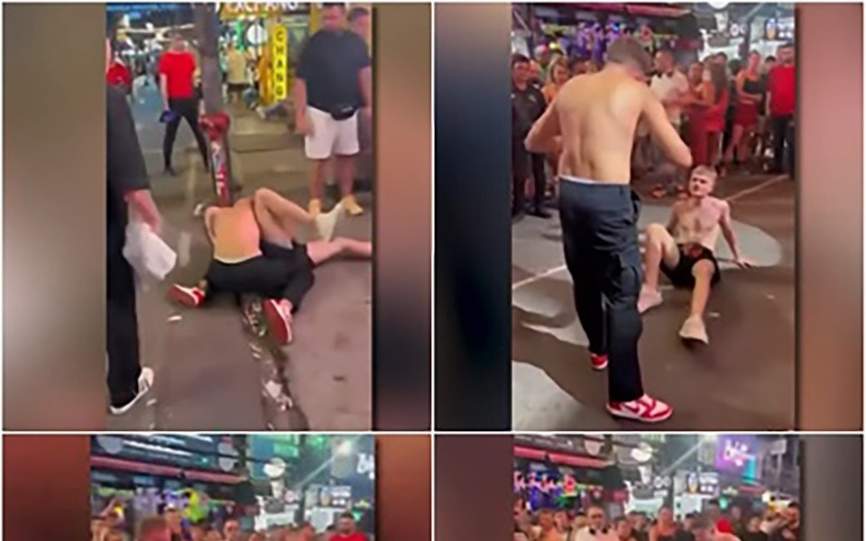 Auslaendische touristen lassen unter jubel ihre fueste fliegen schlaegerei auf der bangla road