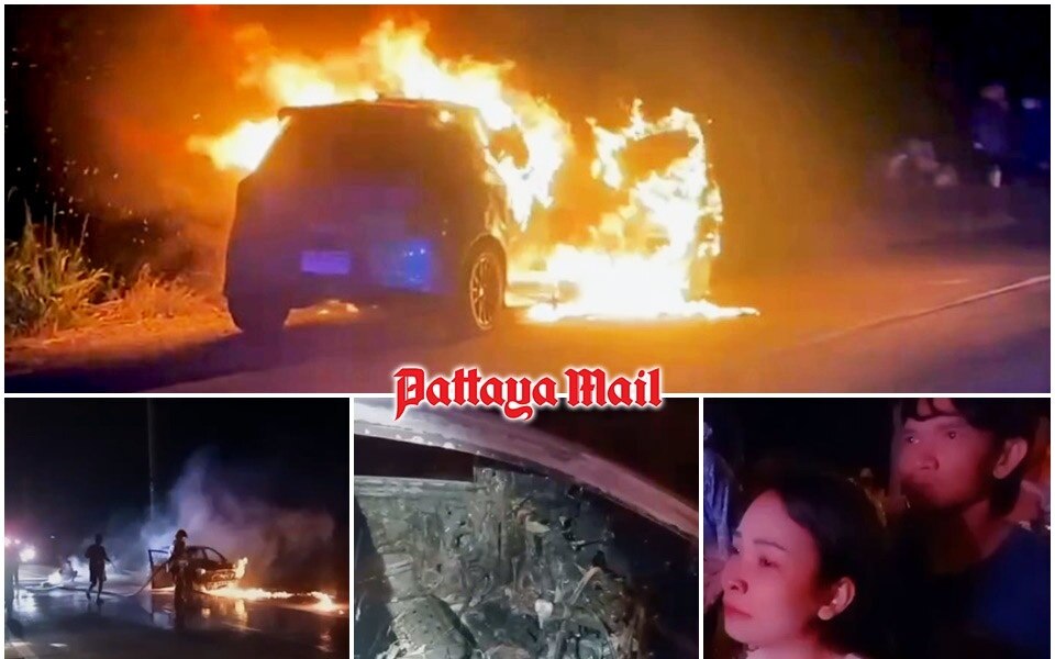 Auto geht auf dem highway 331 ausserhalb von pattaya in flammen auf