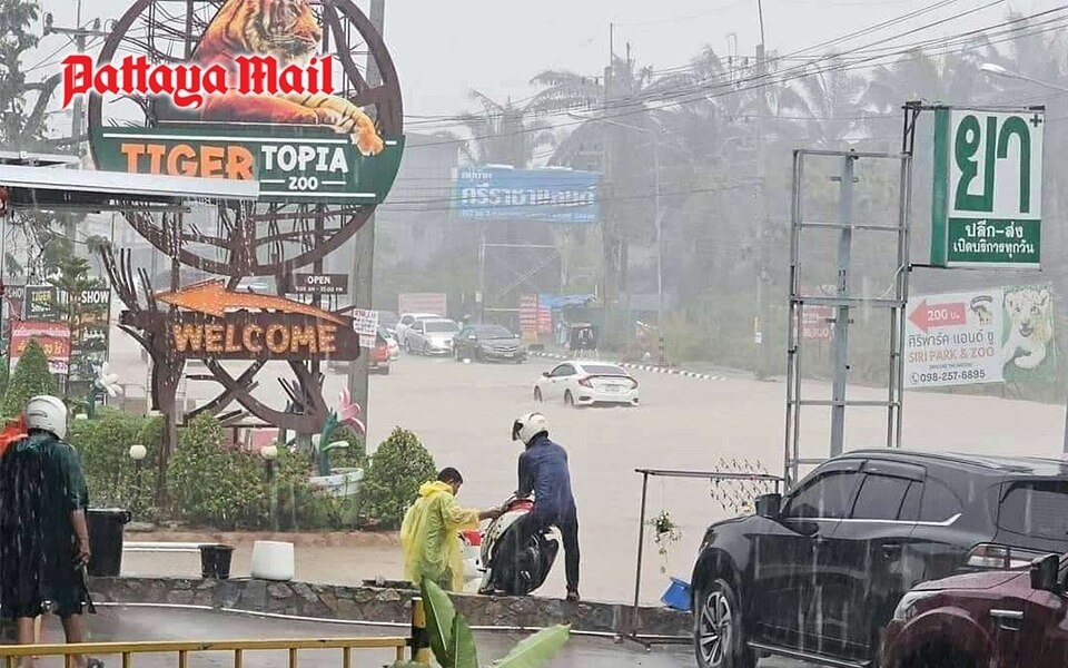 Sintflutartige regenfaelle loesen chaos und ueberschwemmungen in sri racha aus