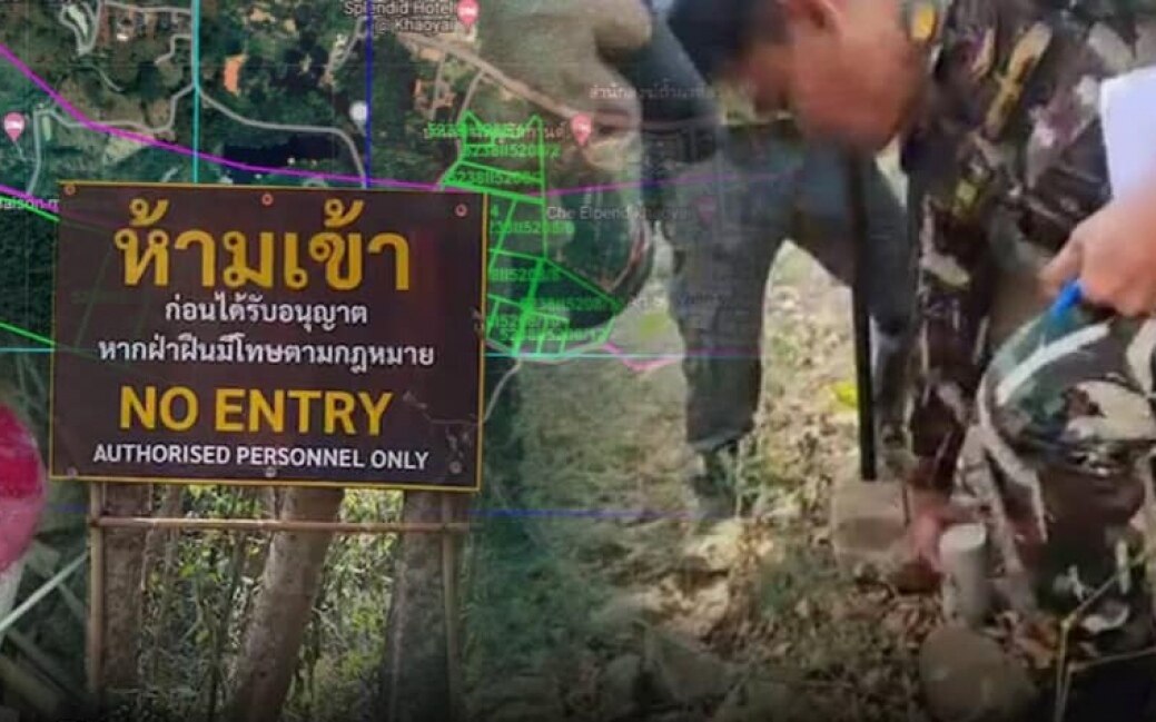 Vermessungsteam der armee inspiziert umstrittenes land im khao yai nationalpark