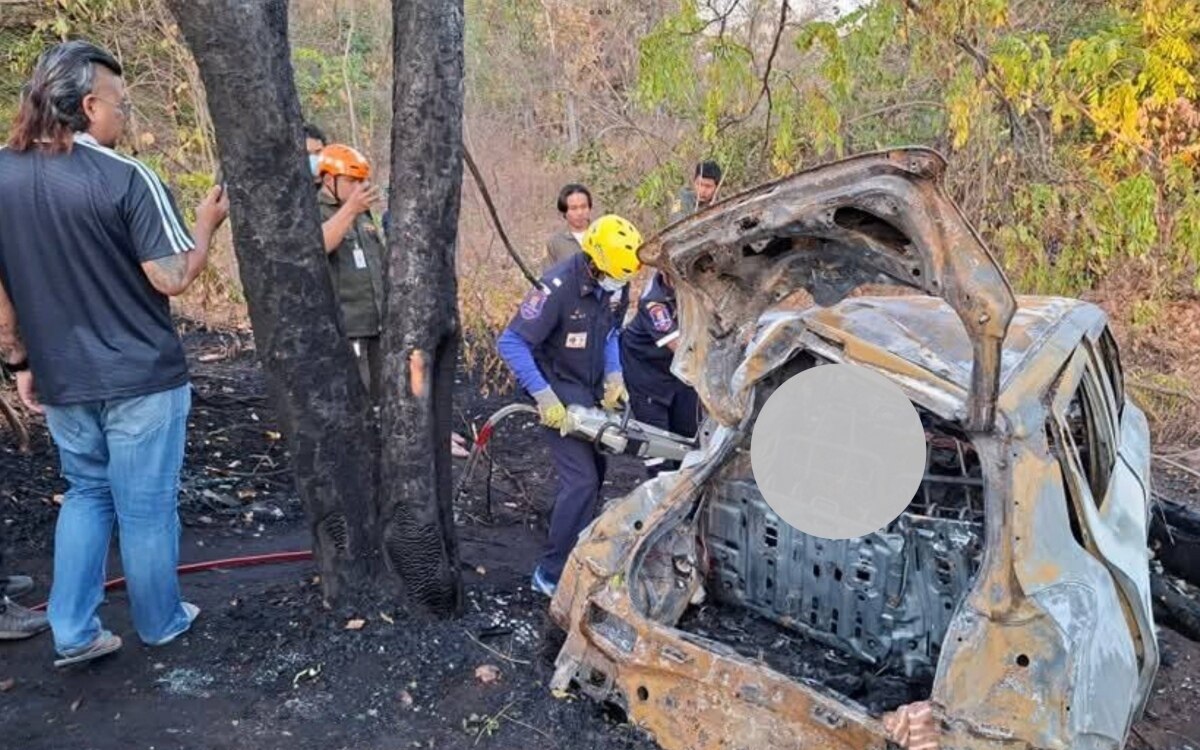 Nach heftiger kollision mit einem baum mann stirbt in brennendem autowrack