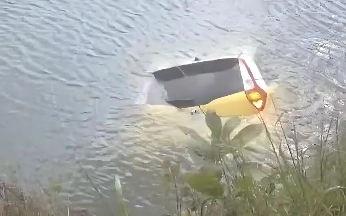 Schwangere frau und ihr auslaendischer ehemann entkommen nur knapp nachdem ihr auto in einen teich