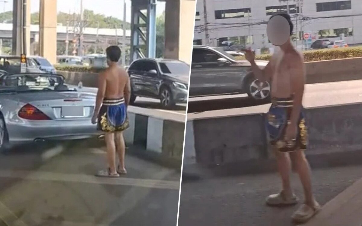 Unerwarteter stau in bangkok mercedes fahrer in unterwaesche sorgt fuer aufsehen video viral